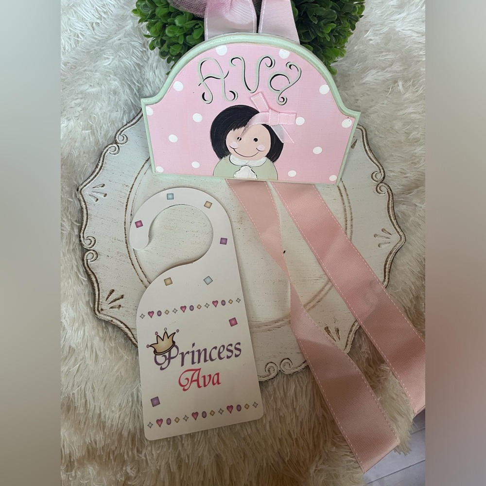 Custom designed Princess Ava Door Hanger and Ava wall plaque with ribbon